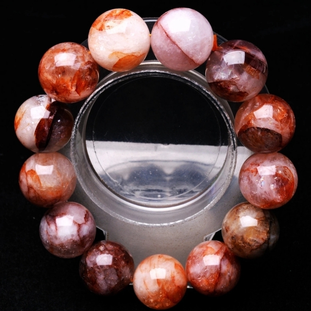 17.6mm Natural Red Phantom Ghost Garden Crystal Gemstone Round Beaded Bracelet - Picture 7 of 8